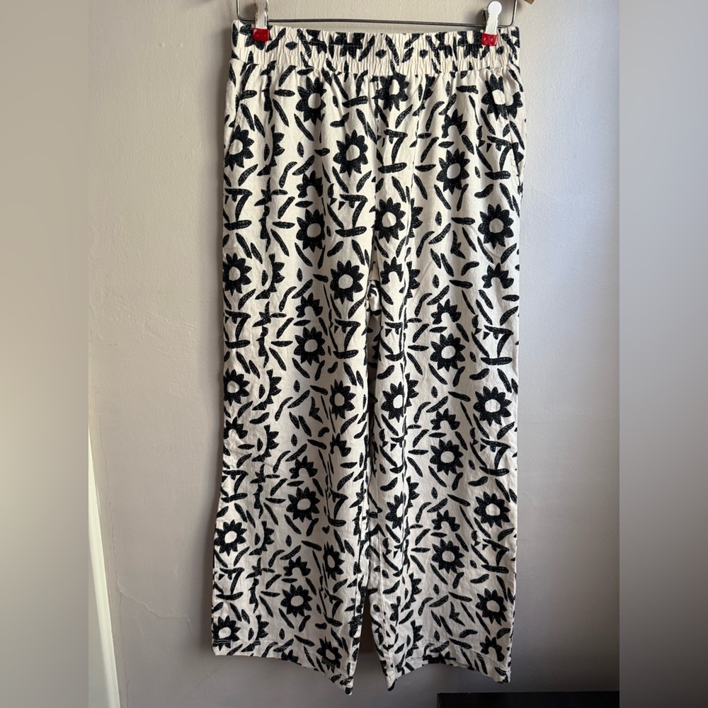 Christian Siriano NY Linen Blend Floral Wide Leg Pants Black White Size M - Picture 2 of 6